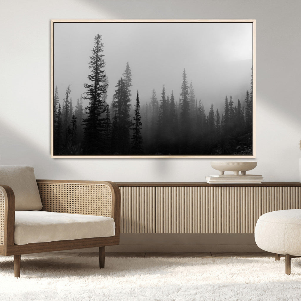Misty Pines Wall Art Canvas Print, Framed Woodland Minimalist Black and White