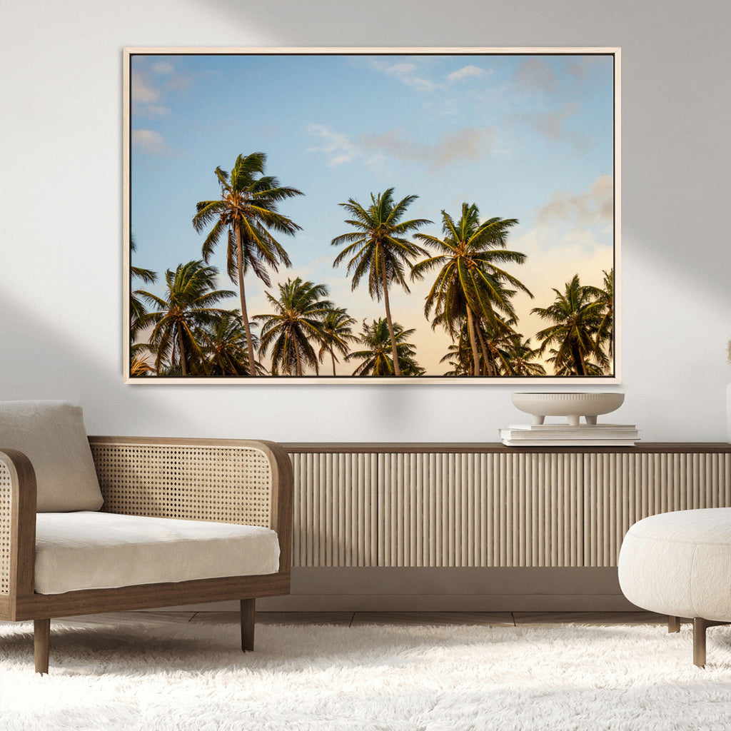 Palm Trees Wall Art Canvas Print, Framed Tropical Vibes Coastal Sunset