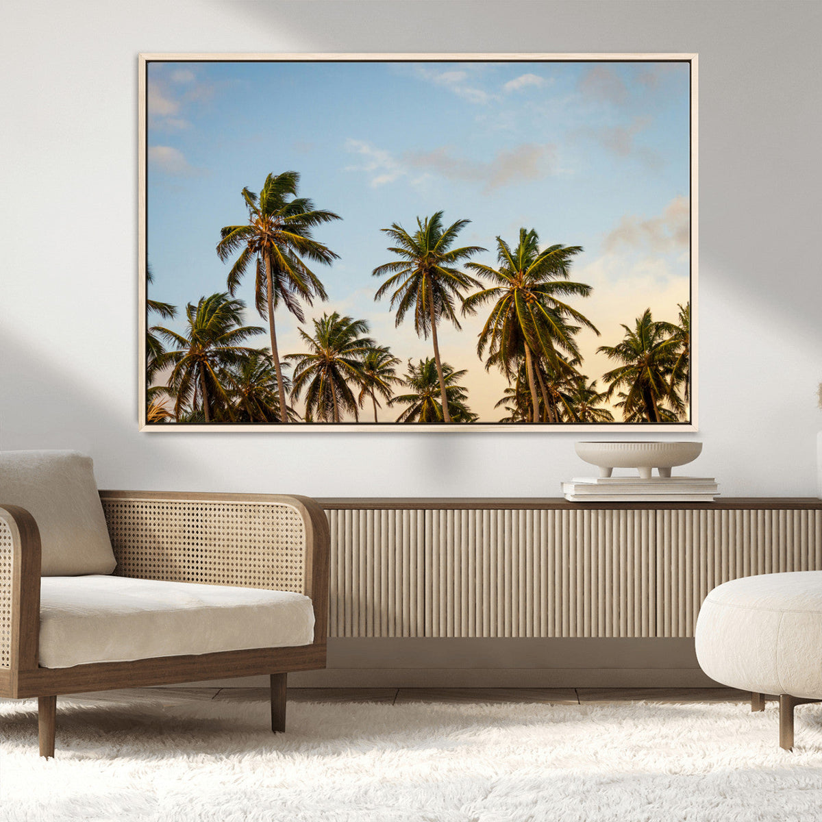 Palm Trees Wall Art Canvas Print, Framed Tropical Vibes Coastal Sunset