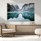 Mountain Lake Wall Art Canvas Print, Framed Toblacher See Winter Wonderland