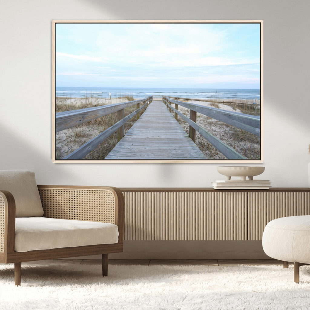 Beach Boardwalk Wall Art Canvas Print, Framed Coastal Serenity Ocean View