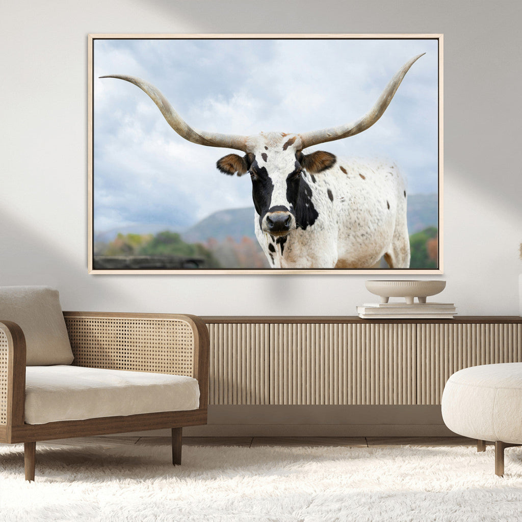 Texas Longhorn Wall Art Canvas Print, Framed Western Rustic Farmhouse