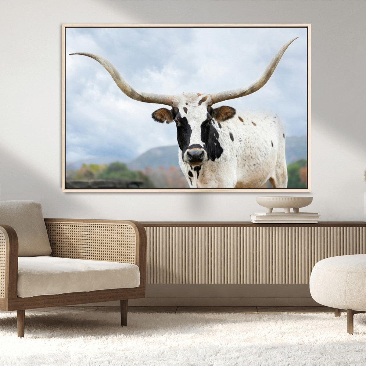 Texas Longhorn Wall Art Canvas Print, Framed Western Rustic Farmhouse