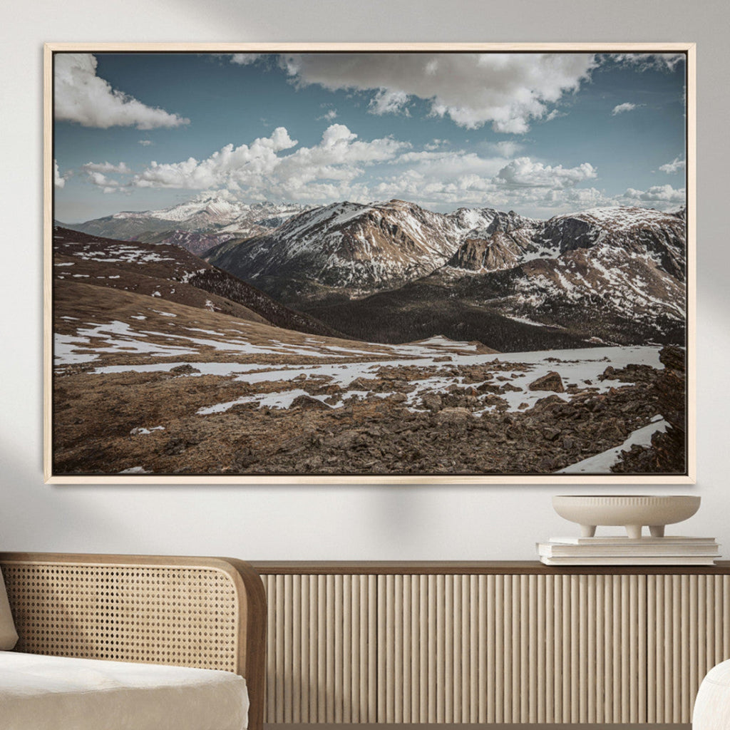 Mountain Landscape Wall Art Canvas Print, Framed Snowy Peaks Art, Rugged Highlands Rustic Adventure Decor