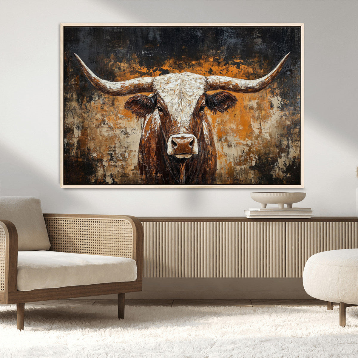 Abstract Longhorn Bull Wall Art Canvas Print, Vintage Western Texas Steer Artwork