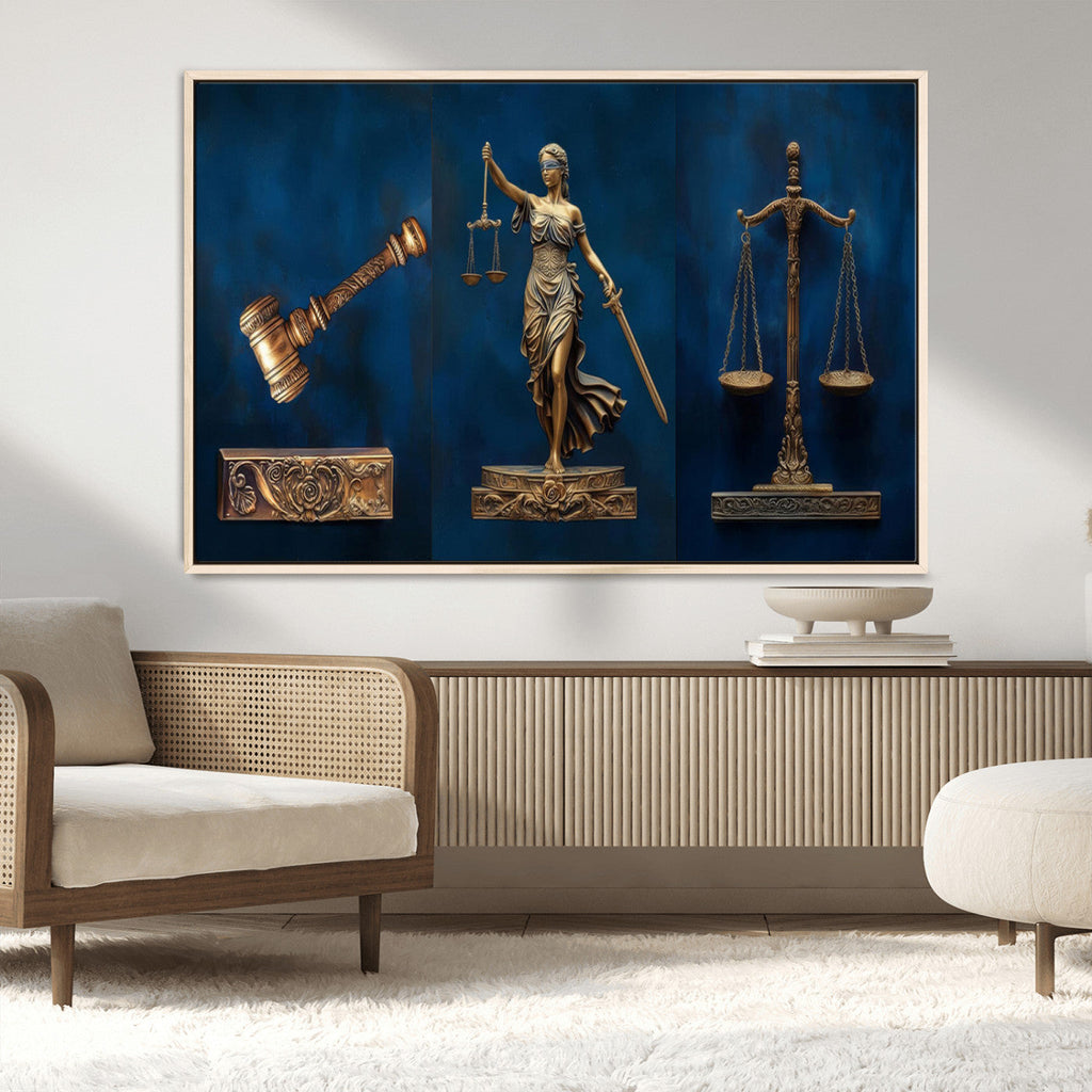 Lady Justice Wall Art Canvas Print, Elegant Gold Legal Symbols on Blue, Law Office Decor