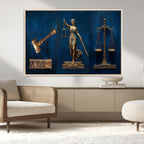 Lady Justice Wall Art Canvas Print, Elegant Gold Legal Symbols on Blue, Law Office Decor