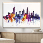 Atlanta Skyline Wall Art Canvas Print, Framed Colorful Watercolor Cityscape