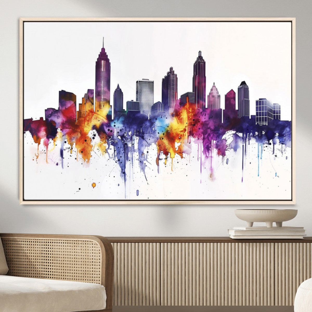 Atlanta Skyline Wall Art Canvas Print, Framed Colorful Watercolor Cityscape