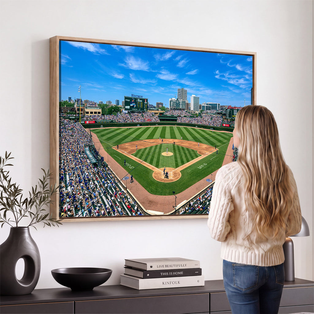 Wrigley Field Baseball Stadium Canvas Wall Art, Packed Crowd and Chicago Skyline