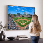 Wrigley Field Baseball Stadium Canvas Wall Art, Packed Crowd and Chicago Skyline
