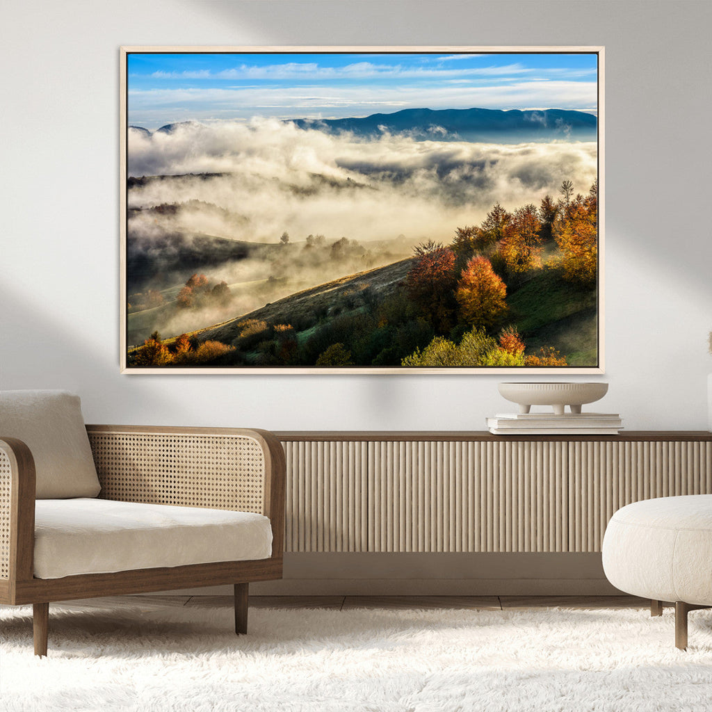 Misty Autumn Hills Wall Art Canvas Print, Foggy Forest Landscape with Fall Foliage