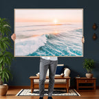 Sunset Surfing Wall Art Canvas Print, Ocean Wave Surfer with Golden Sky