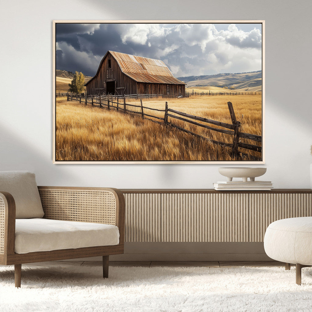Golden Wheat Field Barn Canvas Print, Rustic Farm Landscape Under Dramatic Sky