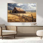 Golden Wheat Field Barn Canvas Print, Rustic Farm Landscape Under Dramatic Sky