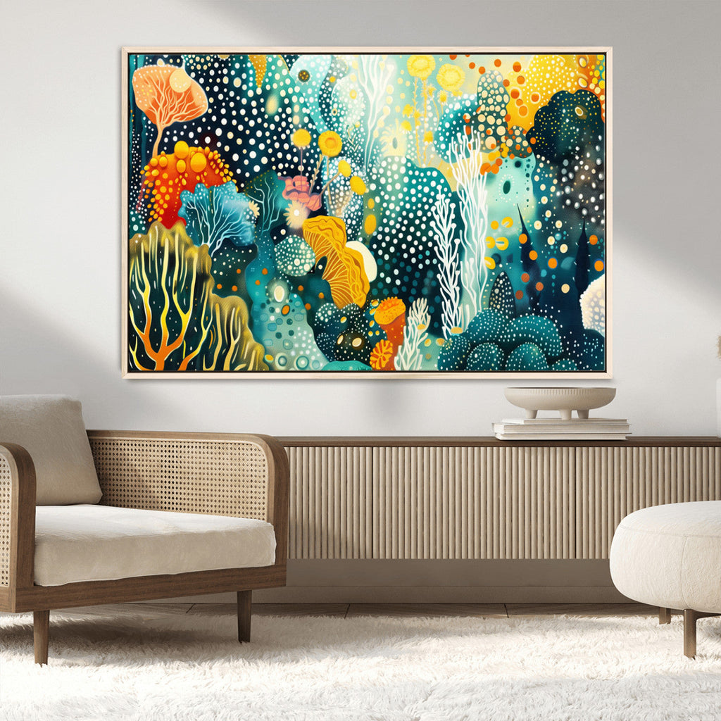Luminous Abstract Ocean Garden Wall Art Canvas Print, Vibrant Coral Reef Marine Life