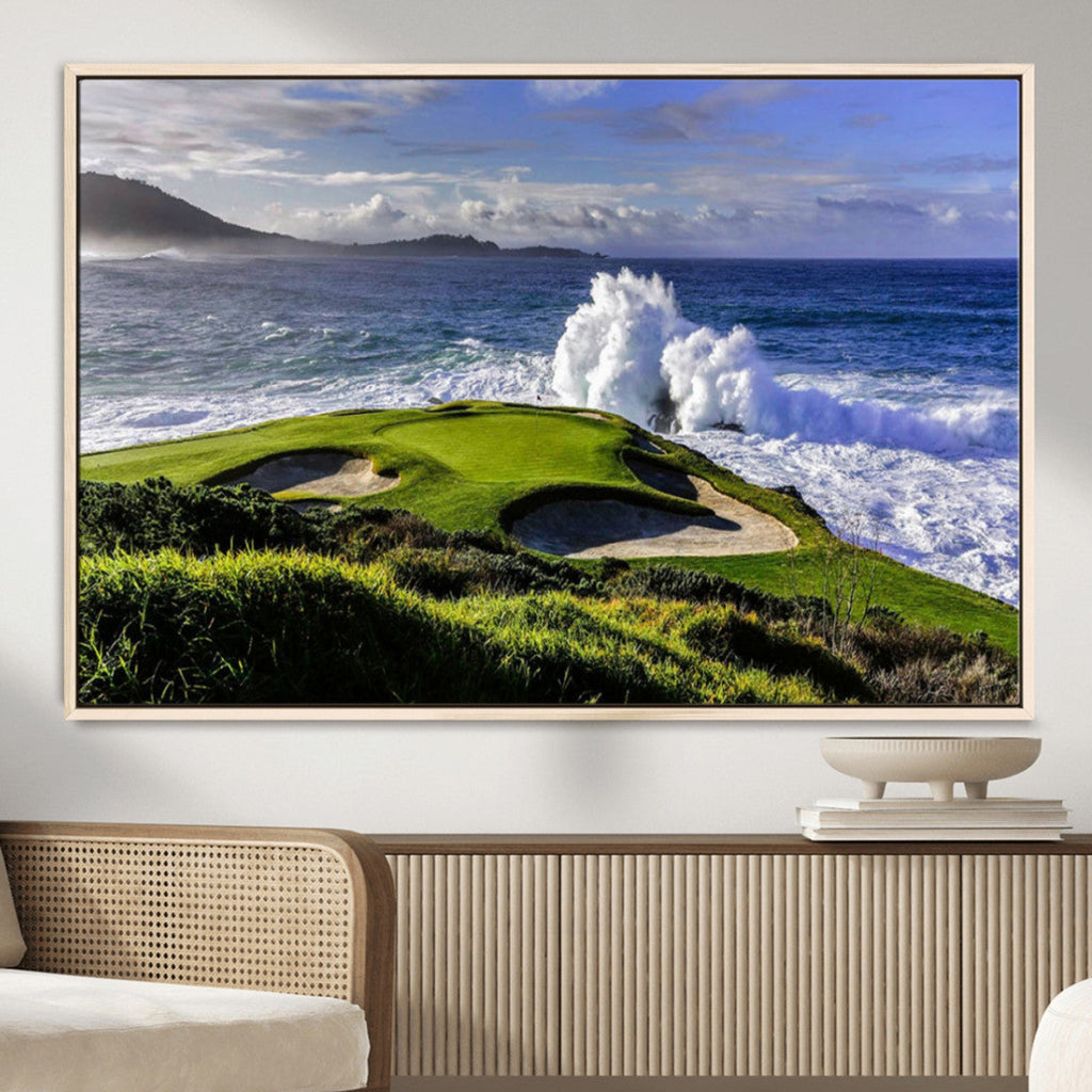 Ocean Waves Crashing Wall Art Canvas Print, Dramatic Rocky Coastline Near a Golf Course