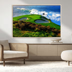 Coastal Golf Course Wall Art Canvas Print, Vibrant Green with Sand Bunkers and Ocean Waves