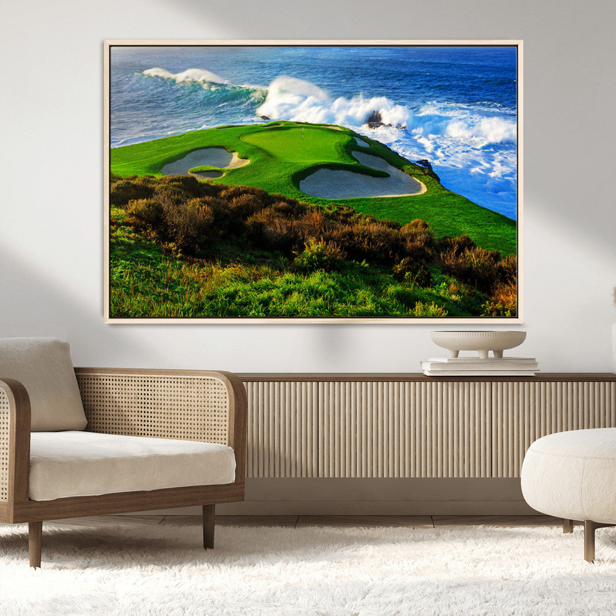 Coastal Golf Course Wall Art Canvas Print, Vibrant Green with Sand Bunkers and Ocean Waves