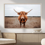 Longhorn Bull Wall Art Canvas Print, Framed Rustic Decor