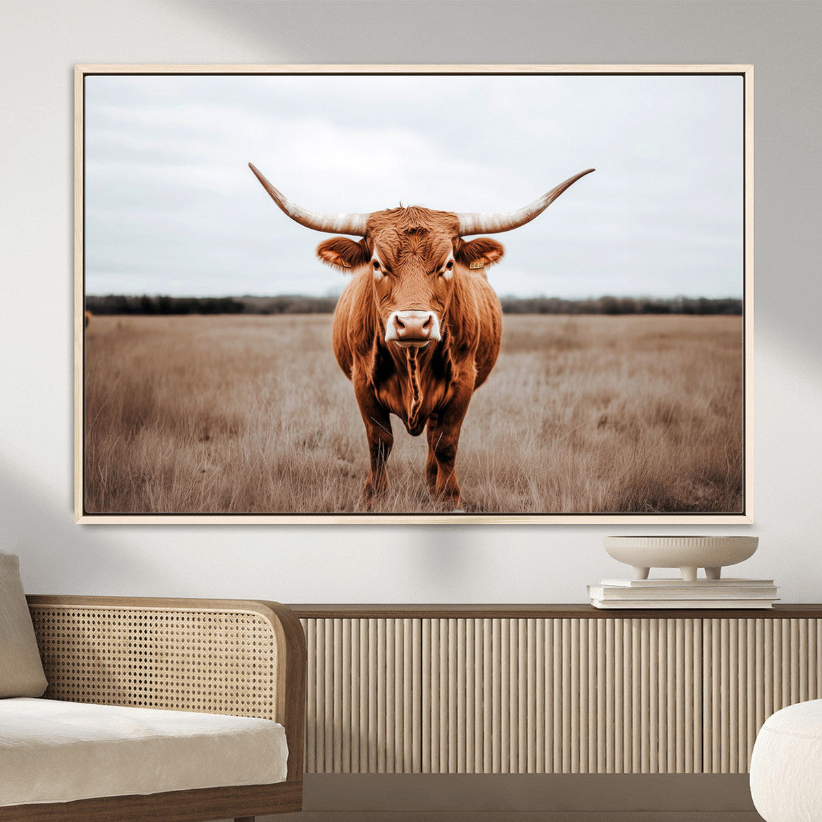 Longhorn Bull Wall Art Canvas Print, Framed Rustic Decor
