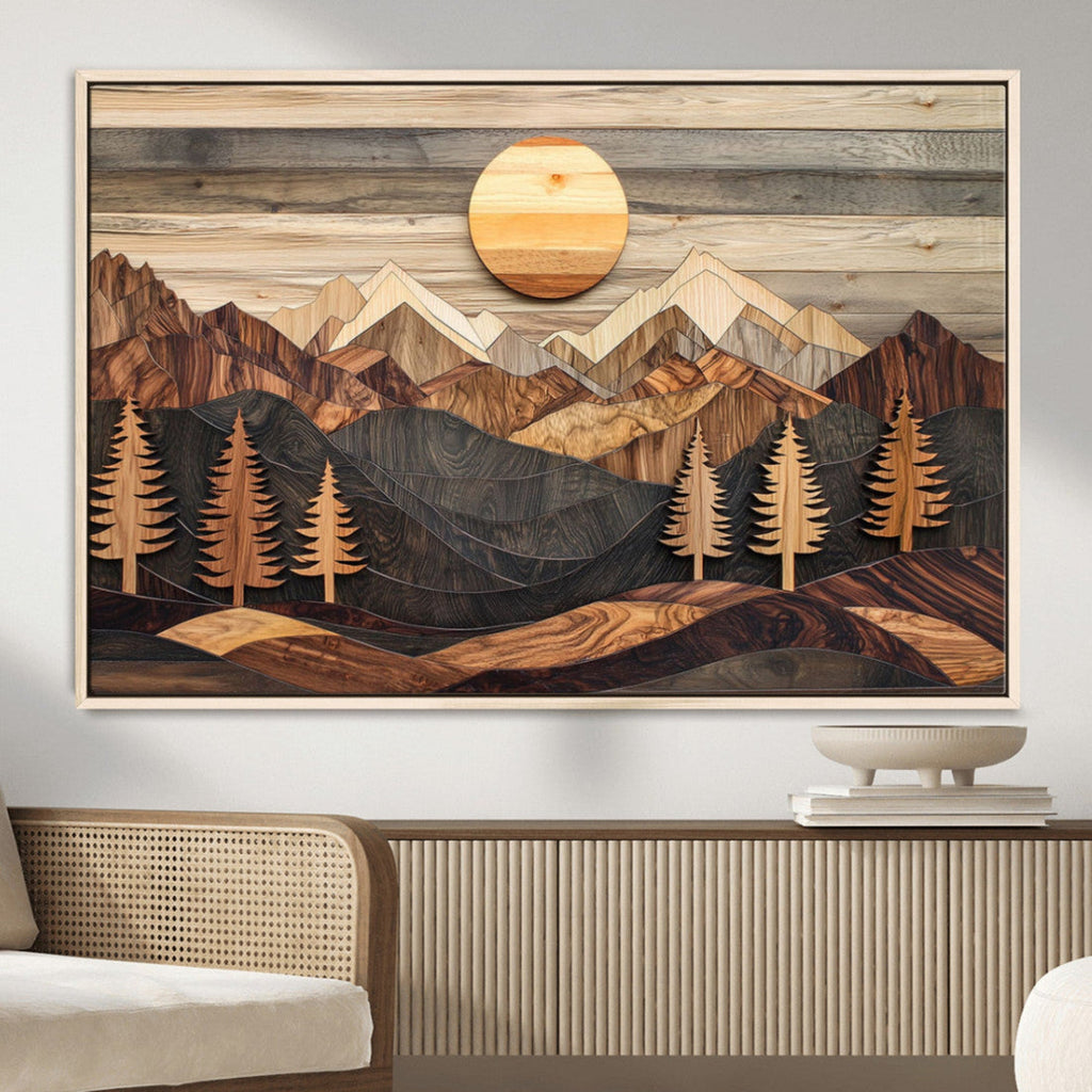 Wooden Mountain Layers Art | Rustic Pine Tree Landscape