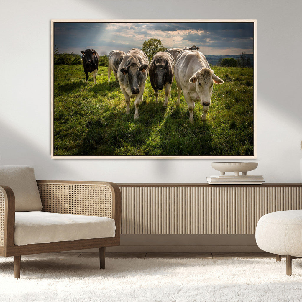 Grazing Cattle Herd Wall Art Canvas Print, Framed Green Pasture Farm Scene