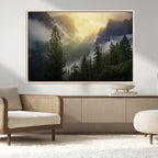 Misty Forest Sunrise Wall Art Canvas Print, Framed Mountain Valley Pine Trees