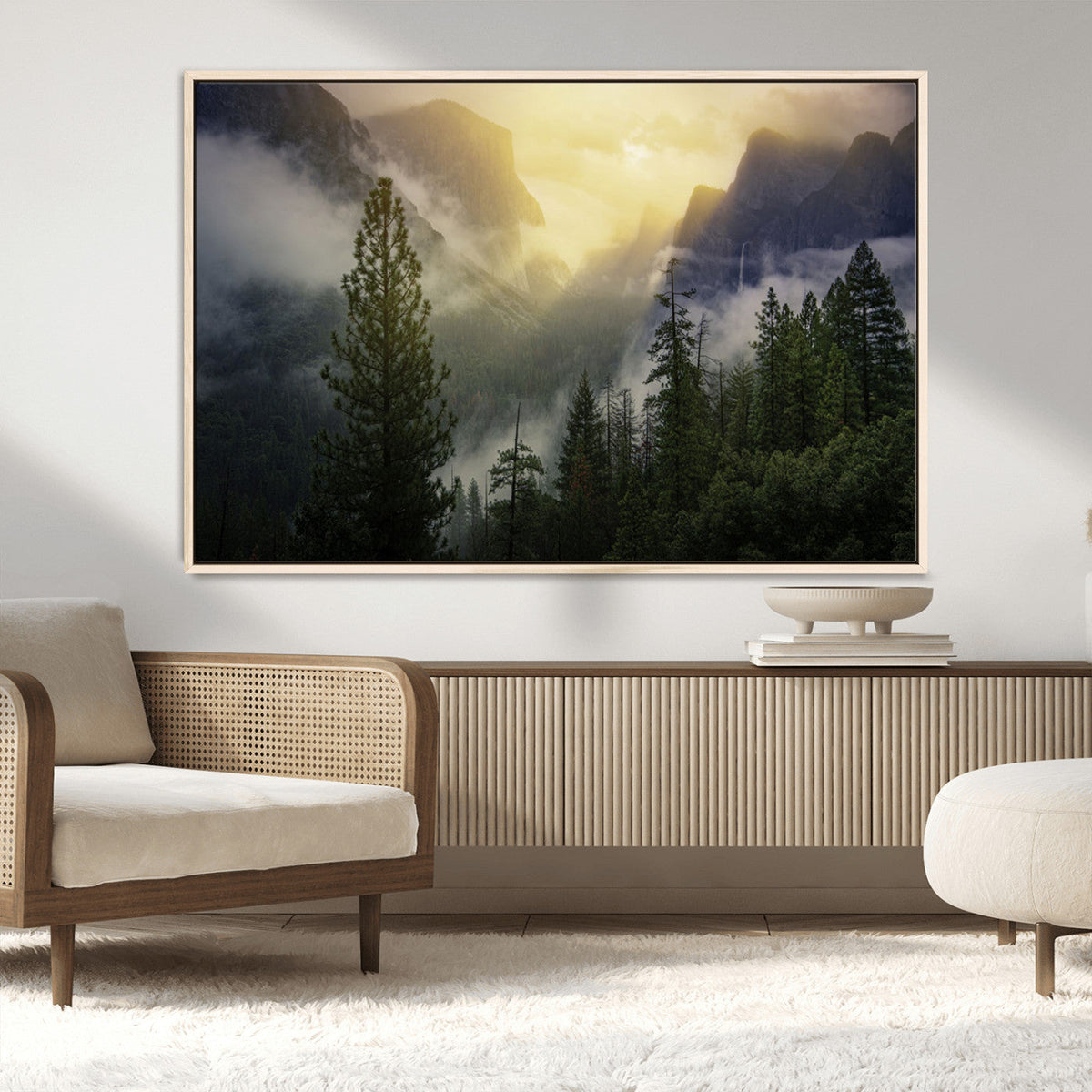 Misty Forest Sunrise Wall Art Canvas Print, Framed Mountain Valley Pine Trees