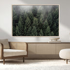 Misty Pine Forest Wall Art Canvas Print, Lush Green Trees Surrounded by Gentle Fog