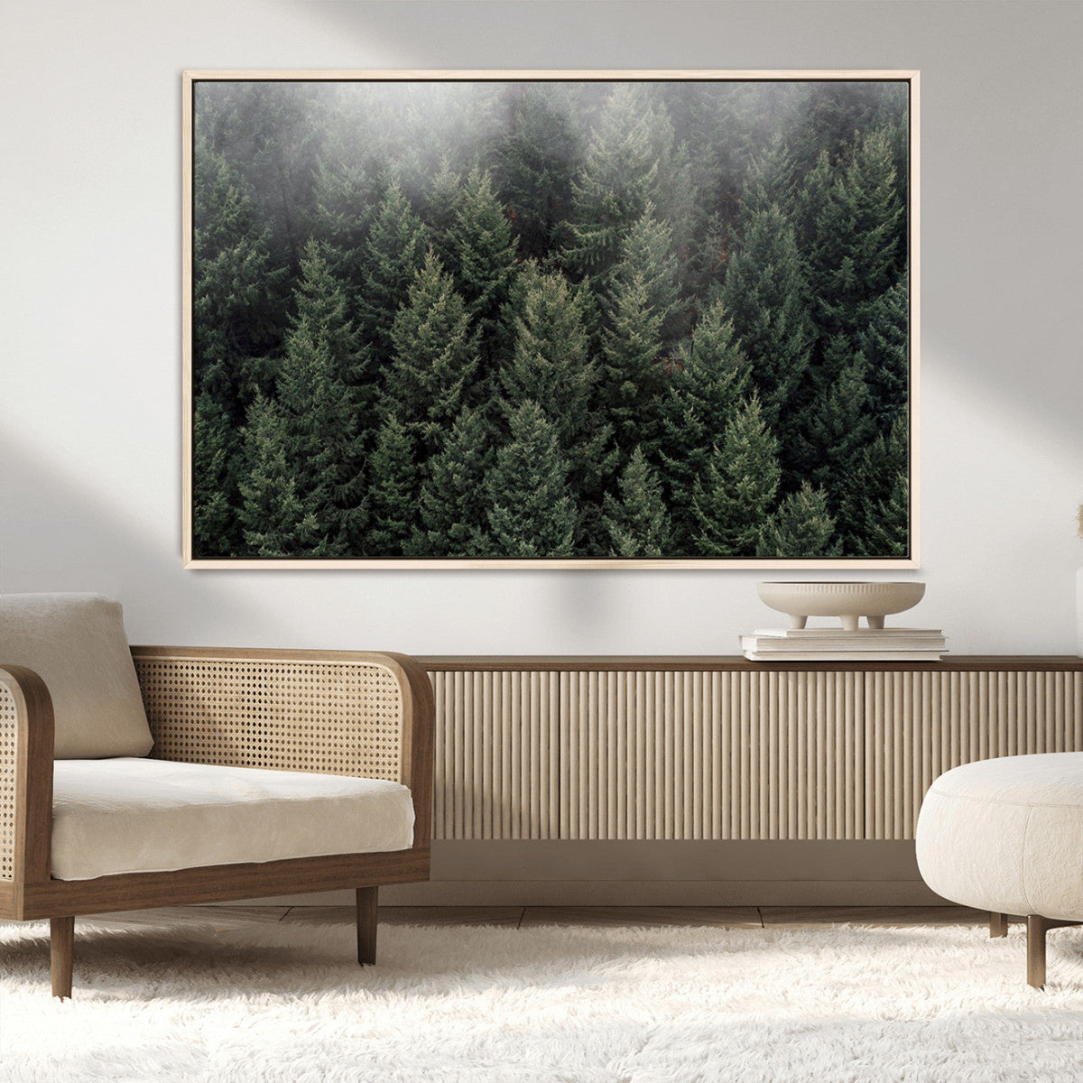 Misty Pine Forest Wall Art Canvas Print, Lush Green Trees Surrounded by Gentle Fog