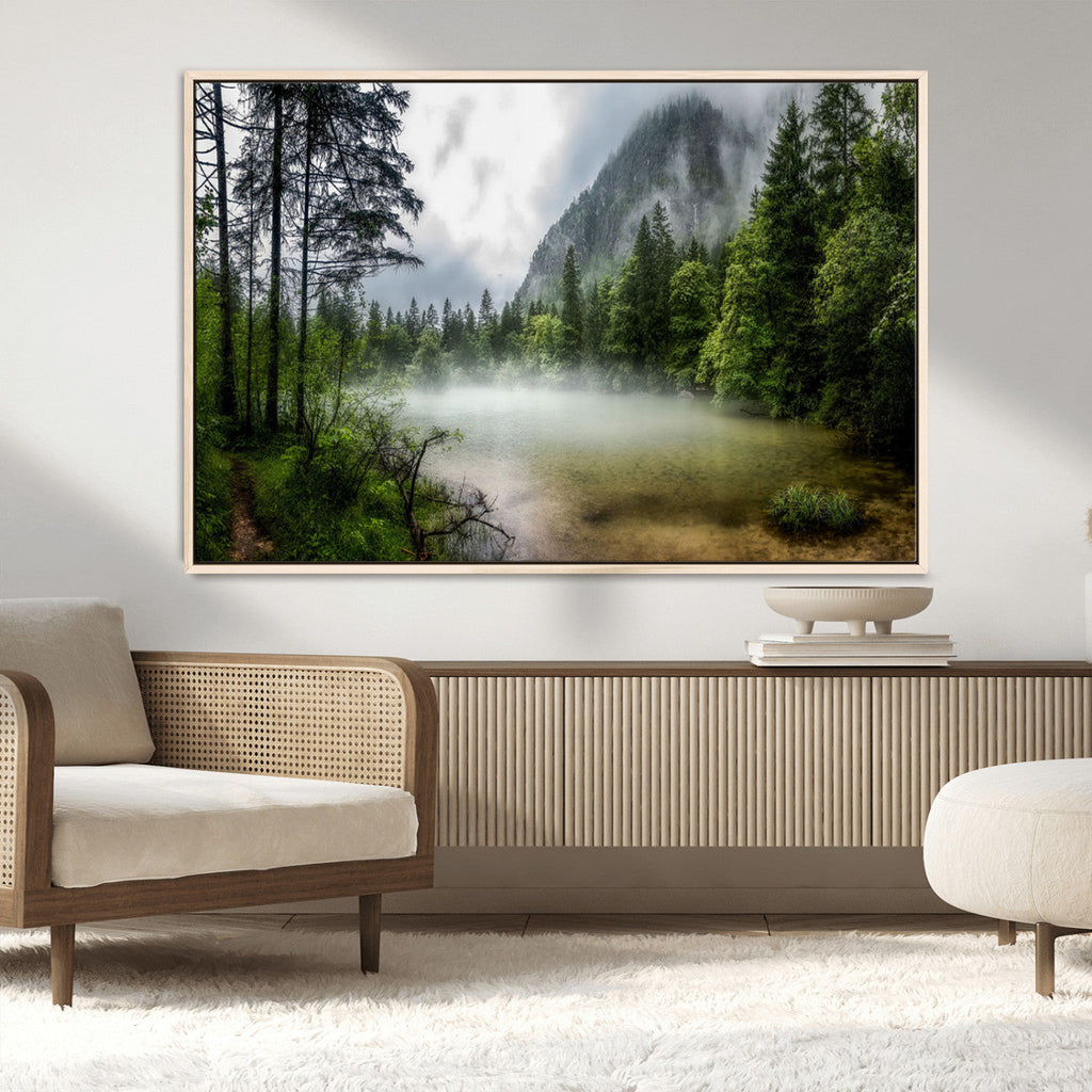 Misty Lake Forest Wall Art, Green Trees and Calm Water Reflection, Mountain Fog Landscape Canvas