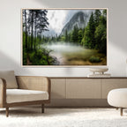 Misty Lake Forest Wall Art, Green Trees and Calm Water Reflection, Mountain Fog Landscape Canvas