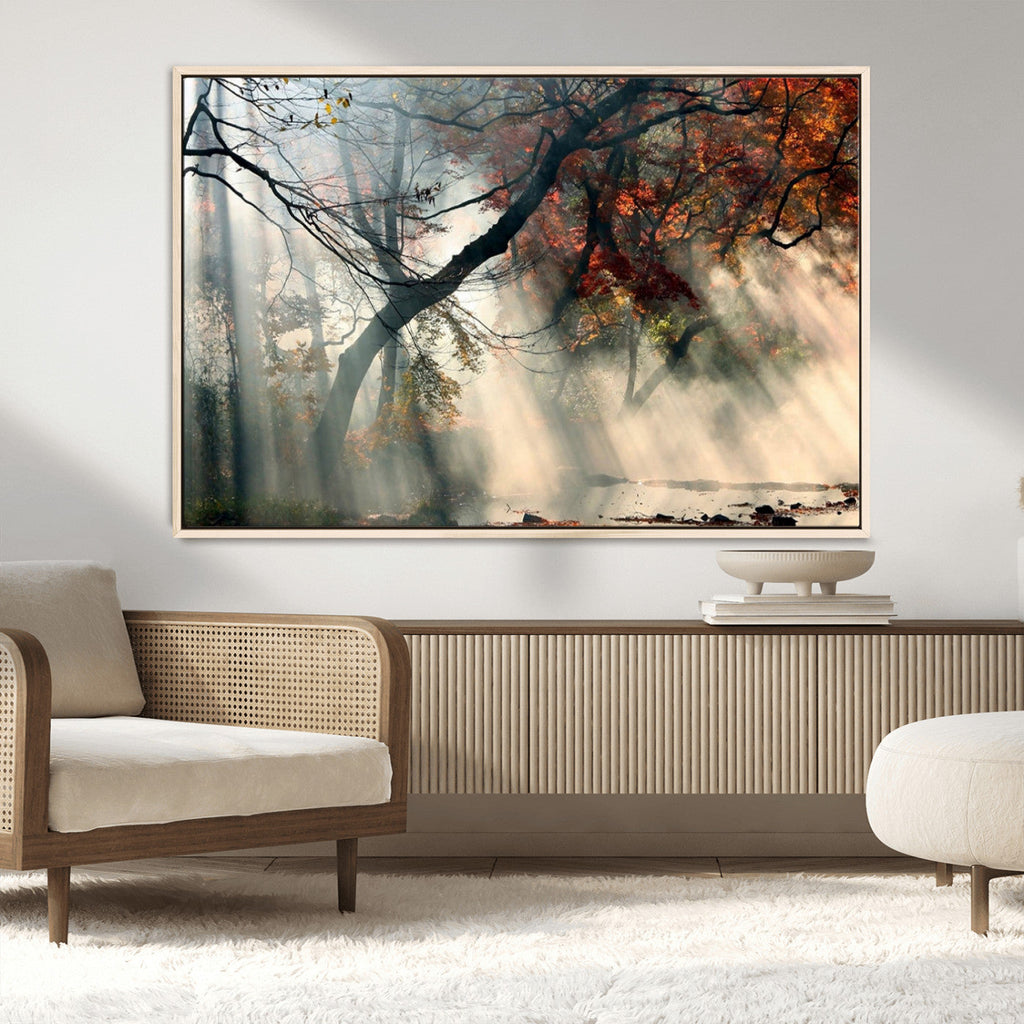 Sunlit Autumn Forest Wall Art, Misty Trees with Sun Rays, Peaceful Fall Landscape Canvas Print