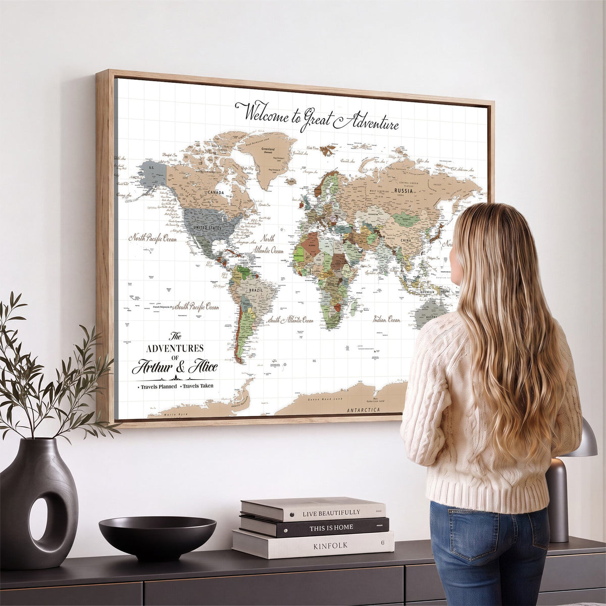 Custom Beige Push Pin World Map Wall Art, Bucket List Map, Study and Hallway Decor