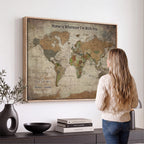 Personalized Beige Geometric World Map Canvas with Push Pins, Next Trip Planner Map, Study and Entryway Decor