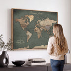 Personalized Framed Beige Modern World Map Canvas with Push Pins, Bucket List Map, Family Room and Dining Room Decor