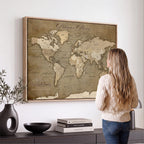 Custom Beige Modern Push Pin World Map Canvas Print, Family Travel Tracker, Dining Room and Home Office Decor