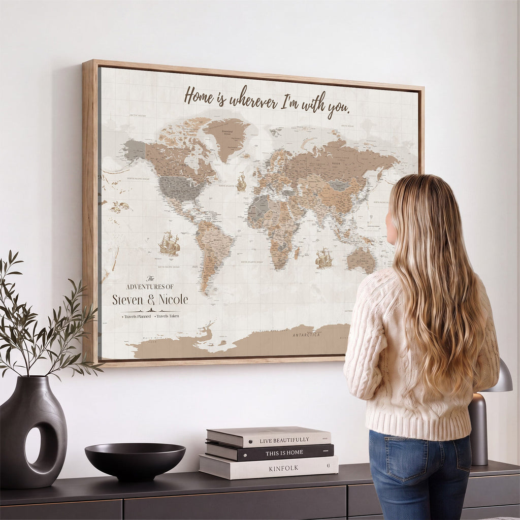 Personalized Beige Geometric Push Pin World Map Canvas Print, Countries Visited Map, Study and Home Office Decor