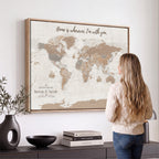 Personalized Beige Geometric Push Pin World Map Canvas Print, Countries Visited Map, Study and Home Office Decor