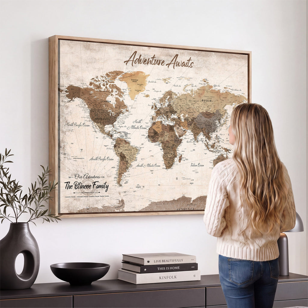 Custom Push Pin World Map Wall Art Canvas Print | Personalized Travel Tracker