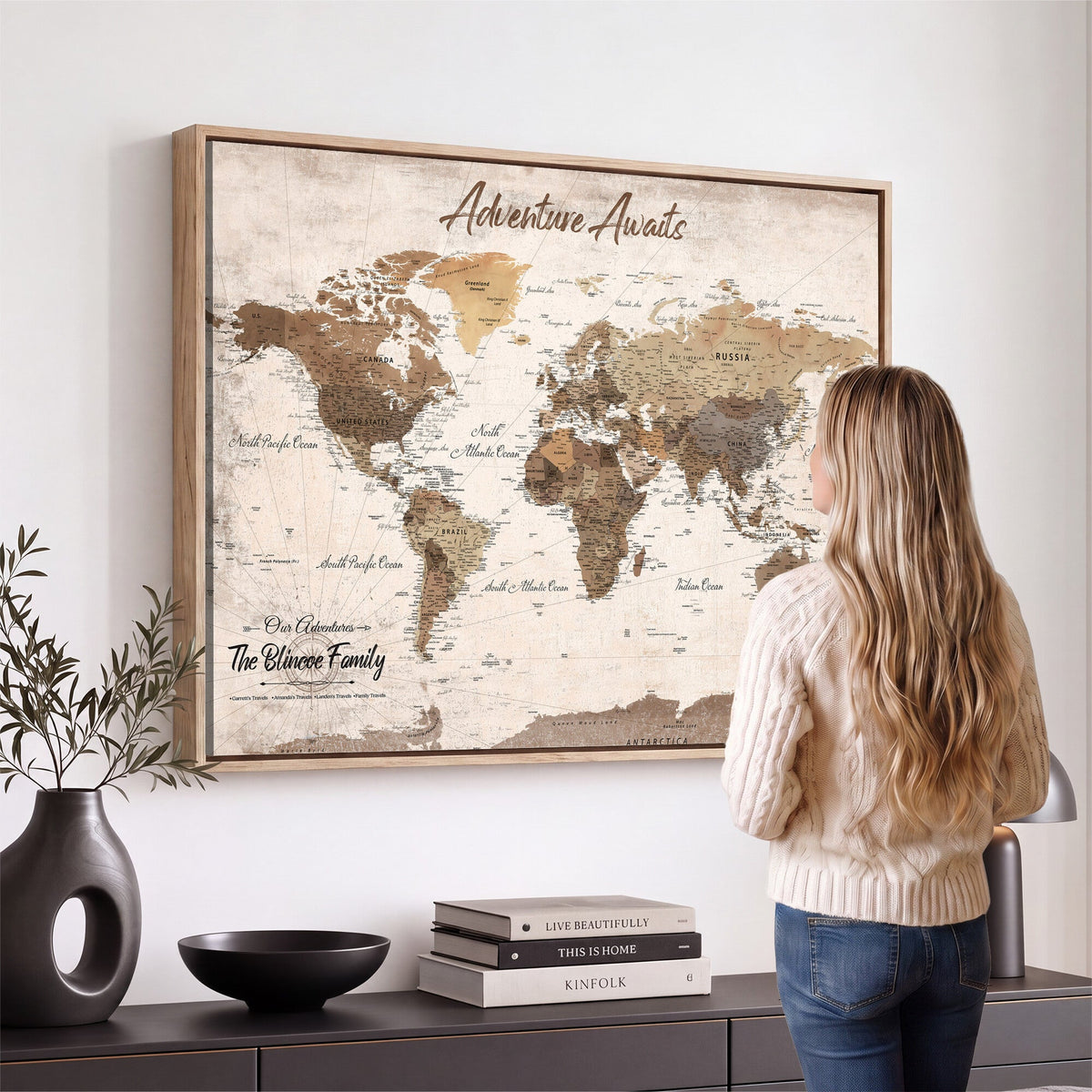 Custom Push Pin World Map Wall Art Canvas Print | Personalized Travel Tracker