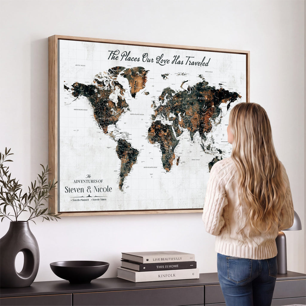 Custom Navy Geometric Push Pin World Map Canvas Print, Bucket List Map, Living Room and Home Office Decor