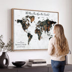 Custom Navy Geometric Push Pin World Map Canvas Print, Bucket List Map, Living Room and Home Office Decor