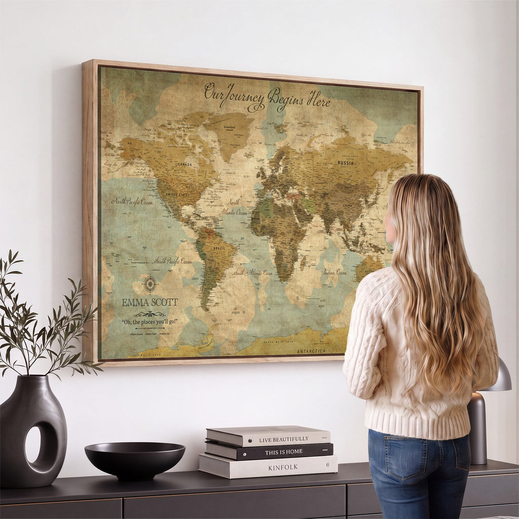 Personalized Navy Push Pin Travel Map Canvas Print, Couples Countries Visited Map, Living Room and Dining Room Decor