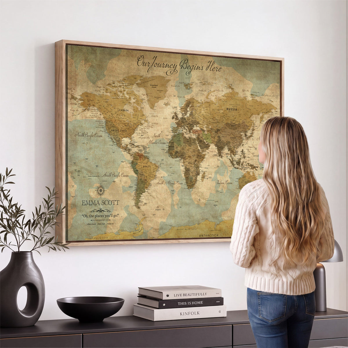 Personalized Navy Push Pin Travel Map Canvas Print, Couples Countries Visited Map, Living Room and Dining Room Decor
