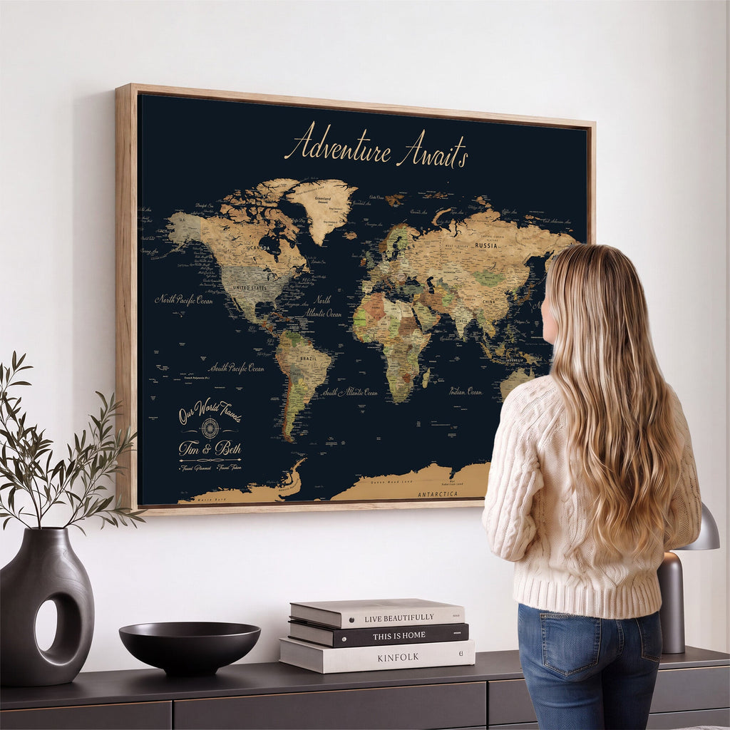 Personalized Navy Geometric World Map Canvas with Push Pins, Honeymoon and Anniversary Gift, Home Office and Hallway Decor
