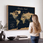 Personalized Navy Geometric World Map Canvas with Push Pins, Honeymoon and Anniversary Gift, Home Office and Hallway Decor