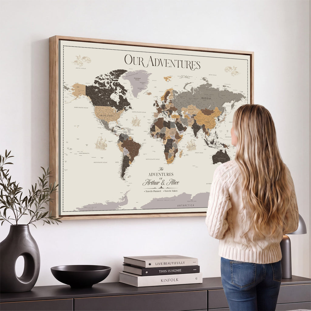 Personalized Travel Tracker Map with Pins, Framed World Map for Home and Office