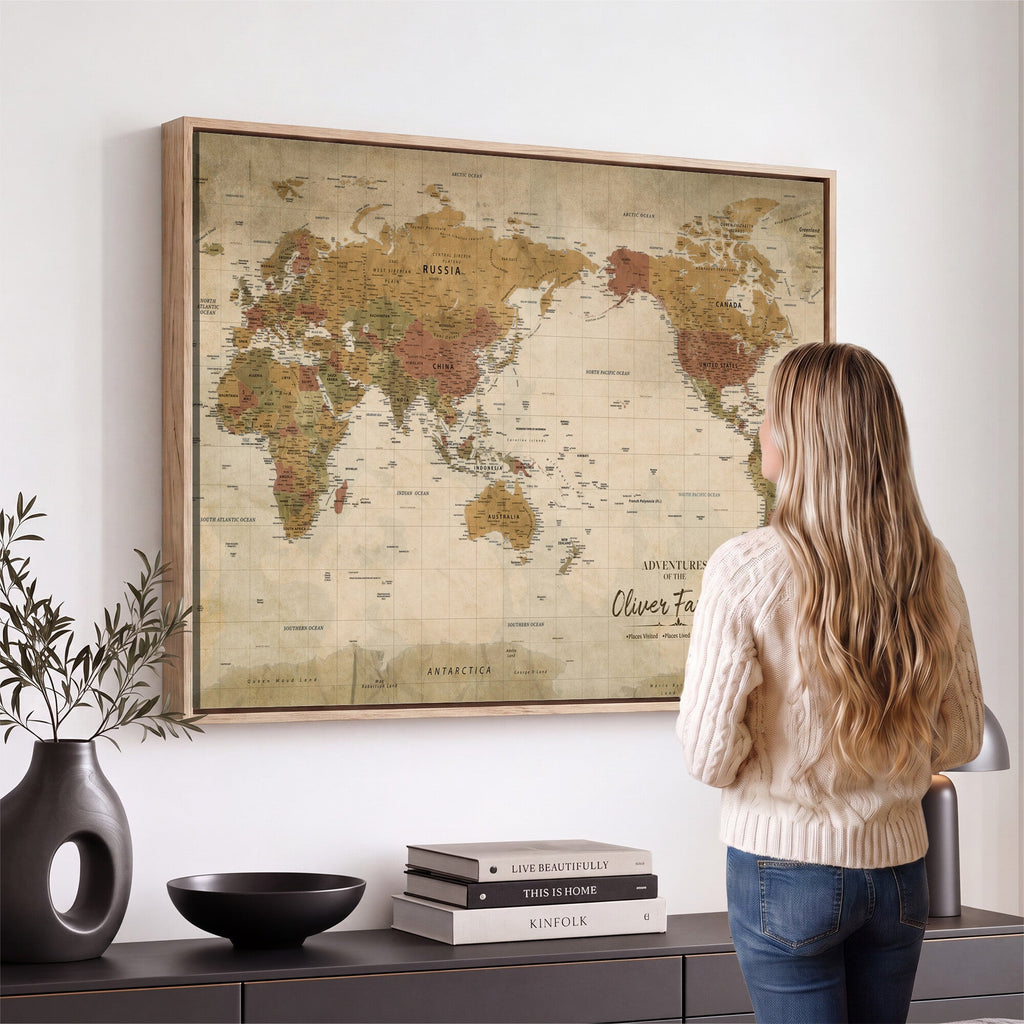 Personalized Framed Navy Modern World Map Canvas with Push Pins, Bucket List Map, Living Room and Entryway Decor